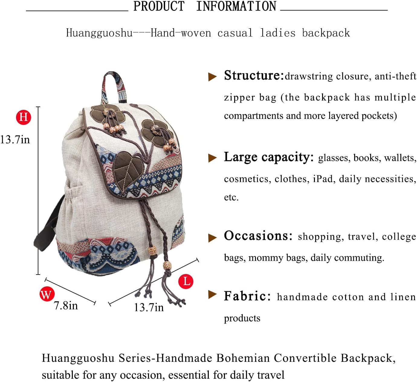 HUANGGUOSHU Backpack Purse For Women Casual Vintage Drawstring Back Pack Bohemian Travel Boho Hand-Held Flap Hand-Embroidered Backpack - Image 5