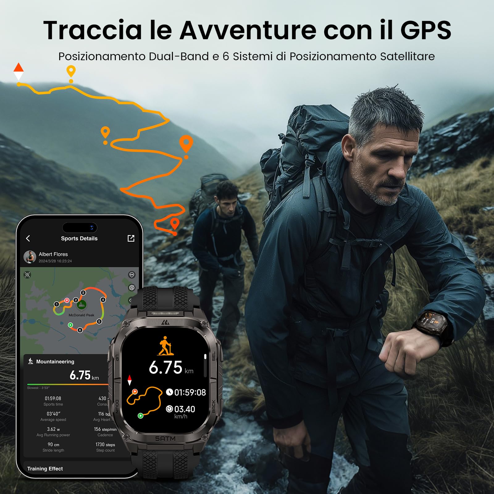 KOSPET Tank M4C Smartwatch Uomo Rugged con Torcia Integrata, 5 ATM & IP69K | GPS a 6 Satelliti, Batteria 15 Giorni, Monitor Salute 24/7, 170+ Modalità Sportive, Compatibile con Android & iPhone, Nero