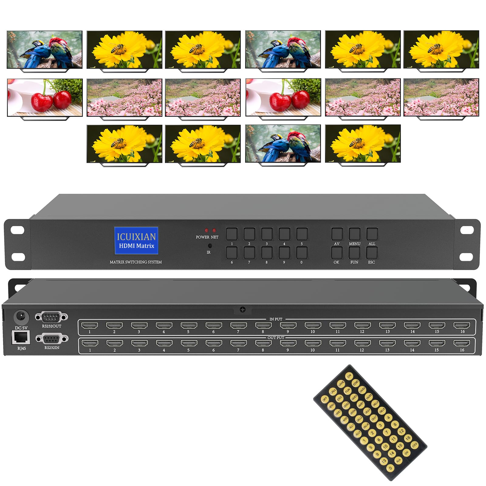 ICUIXIAN Switch a matrice HDMI 16x16 4K/30Hz-1080P/120Hz, matrice HDMI a 16 ingressi-16 uscite supporta Web GUI, RS232 e telecomando IR, EDID, HDCP, Dolby Digital, DTS-HD trasmissione audio principale