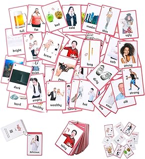 FieldDream 49pcs Adjectives Toddlers Flash Cards with Pictures Baby Learning Games Toys Education Flashcards for Kids Classroom Decoration Kindergarten Preschoolers with Ring Gifts