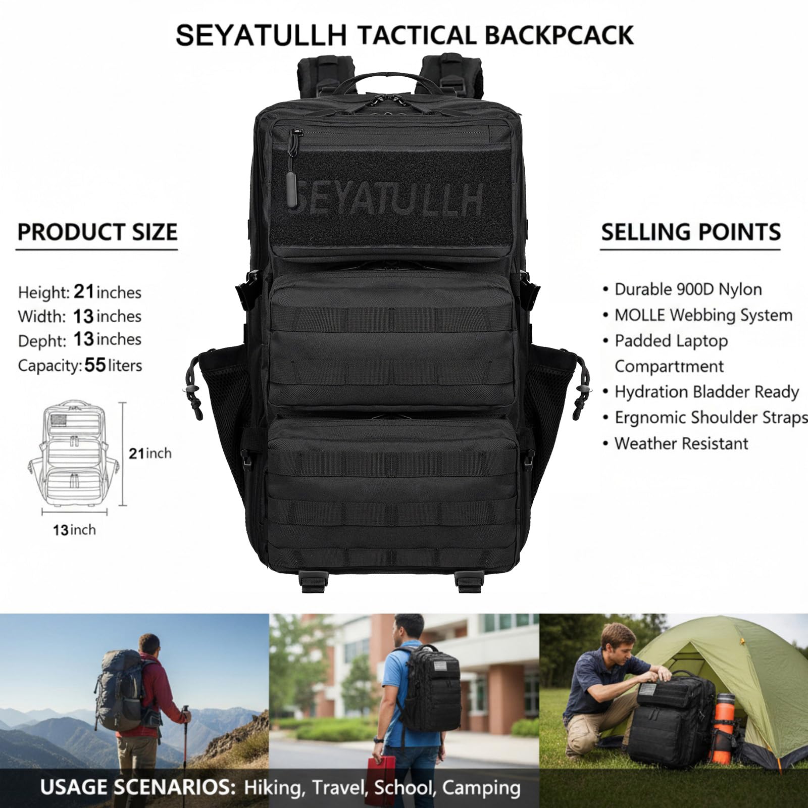 Mochila Táctica Militar 55L Molle para Hombre Mujer, Mochila de Senderismo | Gran capacidad,Resistente y duradera,sistema Molle amplio,cómoda correa ajustable,ideal para camping y entrenamiento