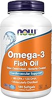 Vista 1 de NOW Suplementos, Omega-3 180 EPA / 120 DHA, revestimiento entérico, apoyo cardiovascular*, 180 cápsulas blandas