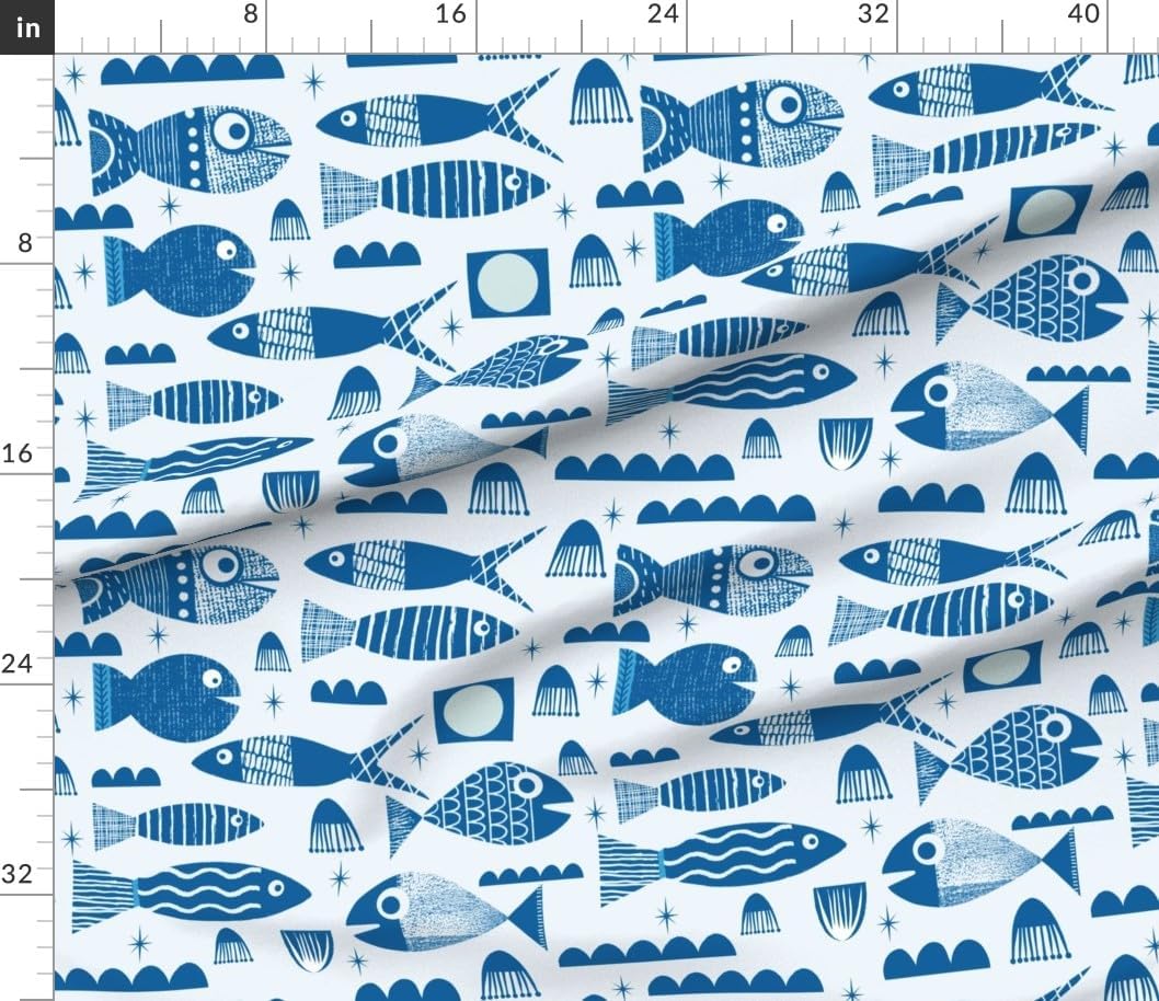 Spoonflower Fabric - Blue Retro Fish Sea Nautical Life Ocean Coastal Chic Mid Century Printed on Petal Cotton Fabric Fat Quarter - Sewing Quilting Apparel Crafts Decor