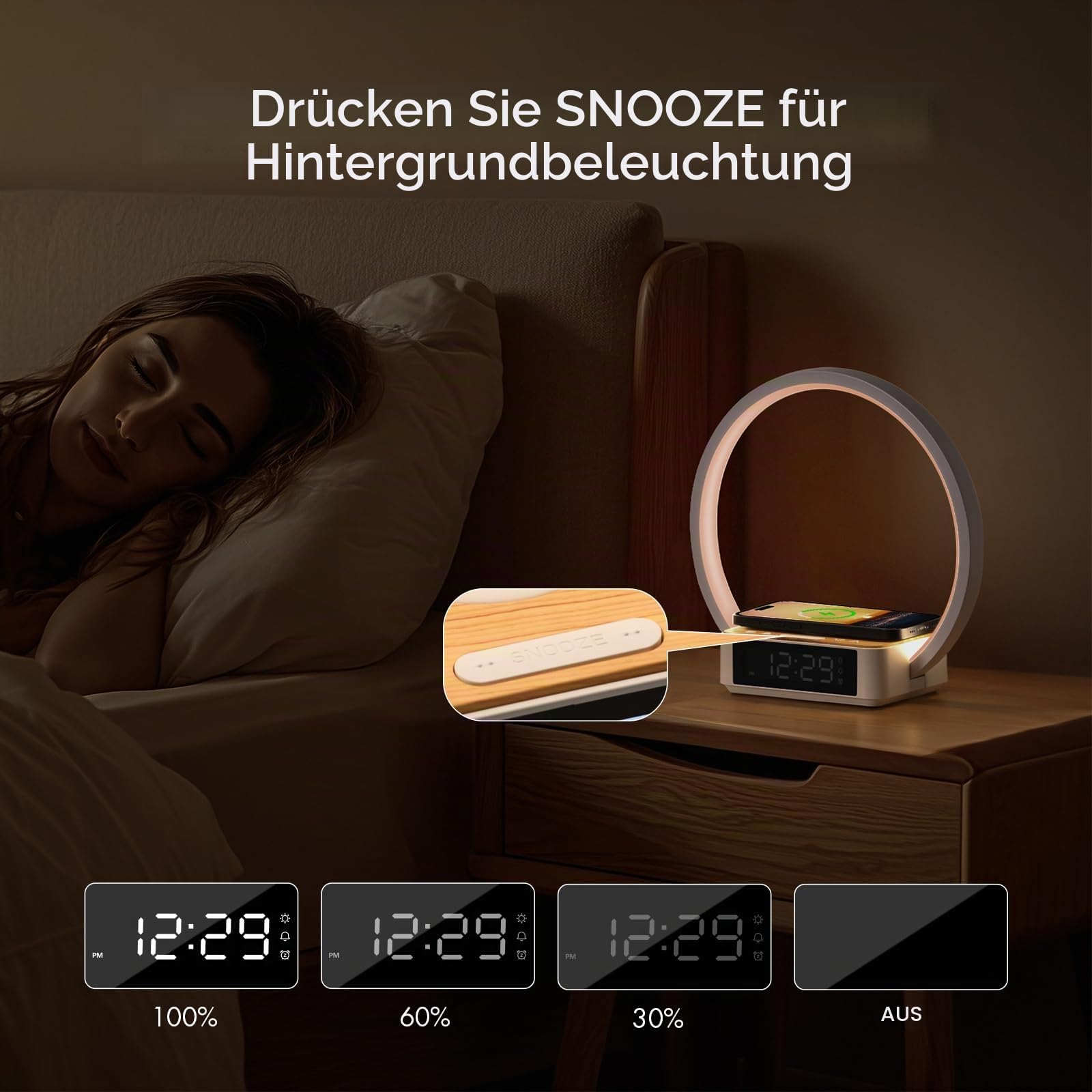 WILIT LED Nachttischlampe mit Kabelloser Ladefunktion, Lichtwecker Tischlampe Touch Dimmbar mit 3 Helligkeitsstufen, Warmes Nachtlicht mit 5W Wireless Charger für Schlafzimmer, Holz&Weiß