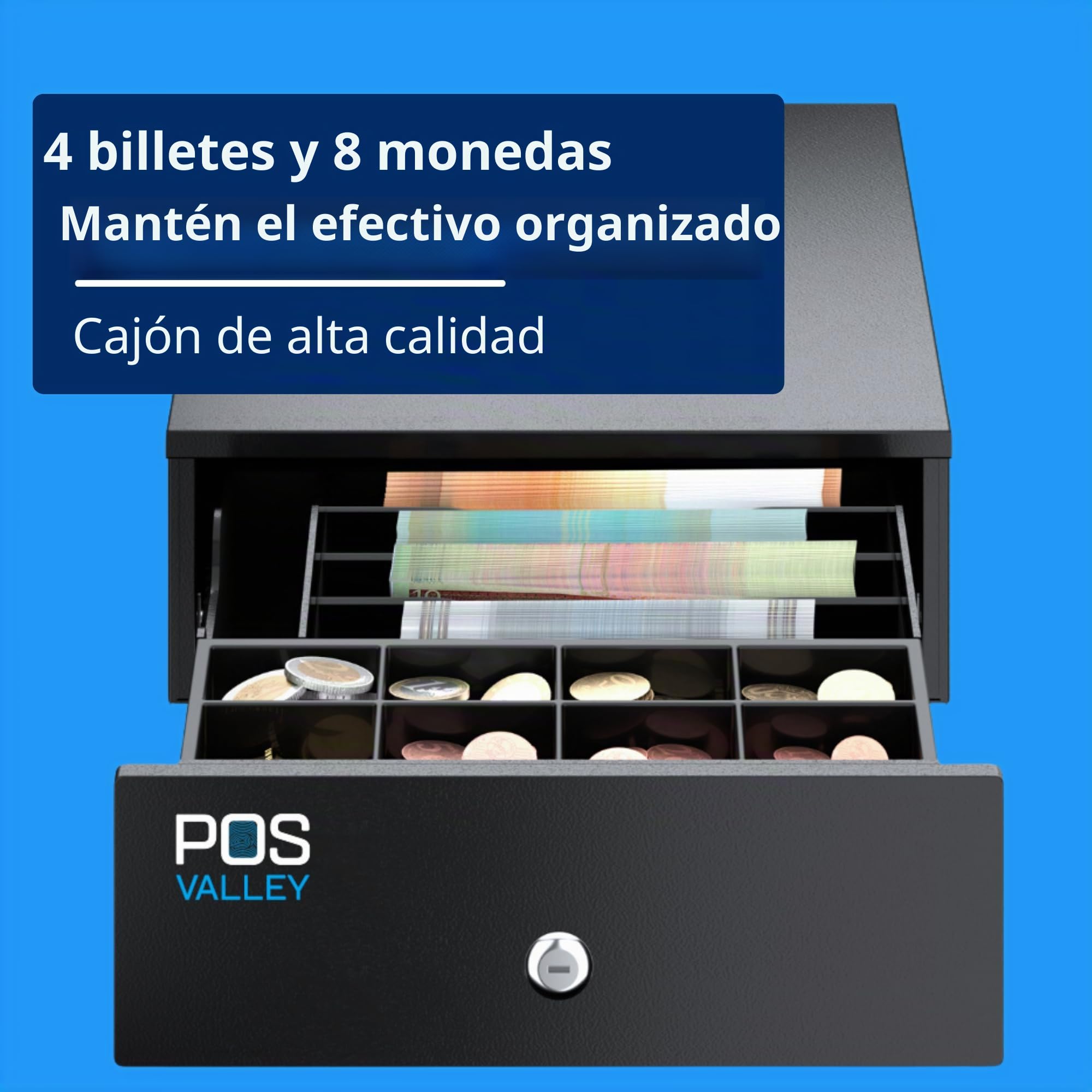 Cajón Mini para Registrador, cajón pequeño para Monedas, Apertura con Impresora RJ y Registrador de Efectivo y Manual, 4 Compartimentos para Billetes y 8 para Monedas, 24 x 32