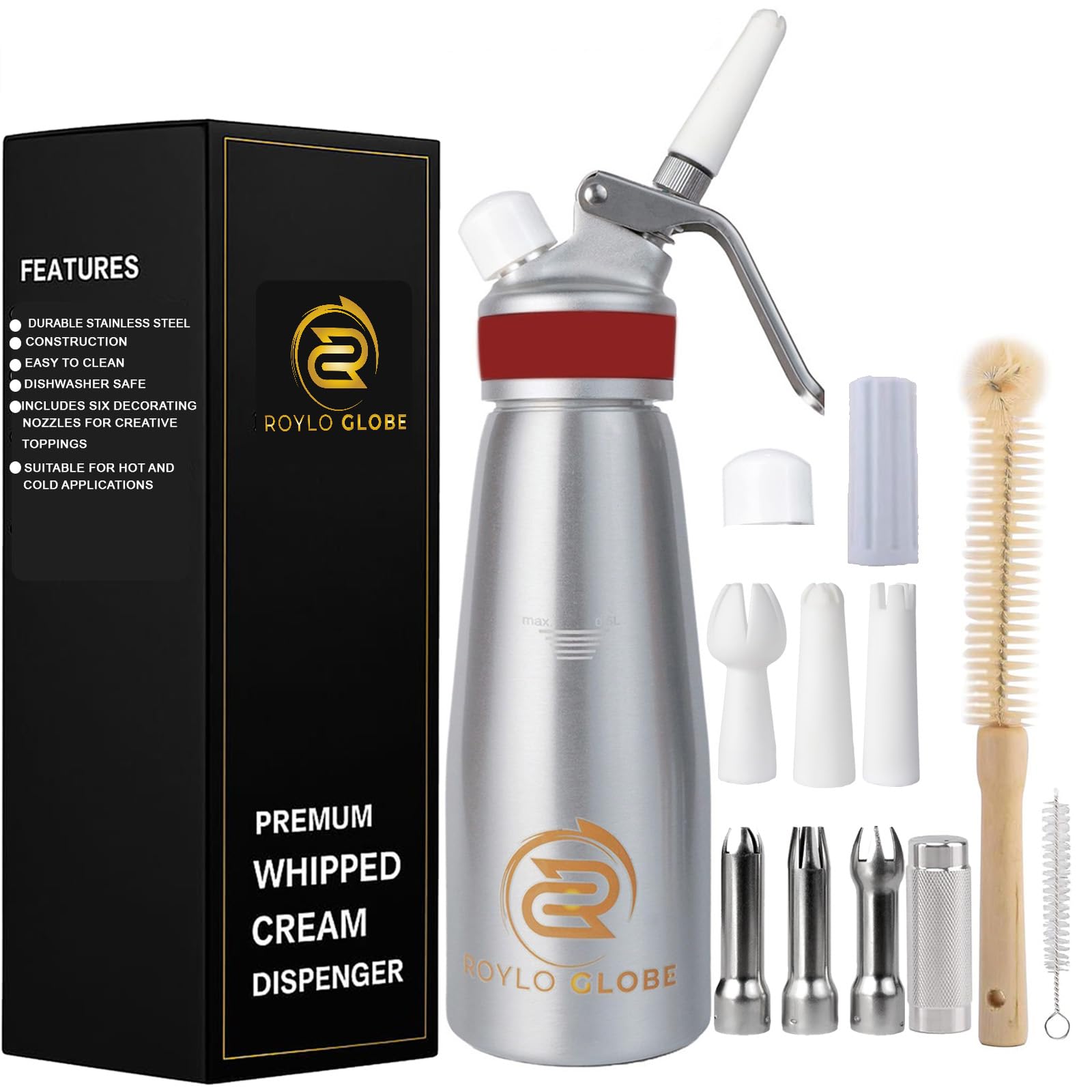 Professioneller Schlagsahne-Spender, 500 ml, mit Silikongriff, robuster hausgemachter Schlagsahne-Spender, Schlagsahnedose mit 6 Edelstahl- und Kunststoffspitzen, 2 Reinigungsbürsten