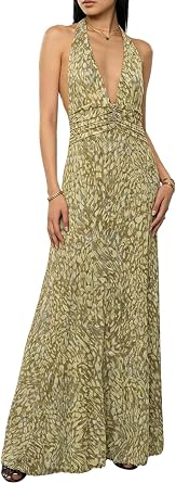 Womens Summer Sleeveless Halter V Neck Backless Mesh Y2k Floral Maxi Formal Beach Vacation Dresses