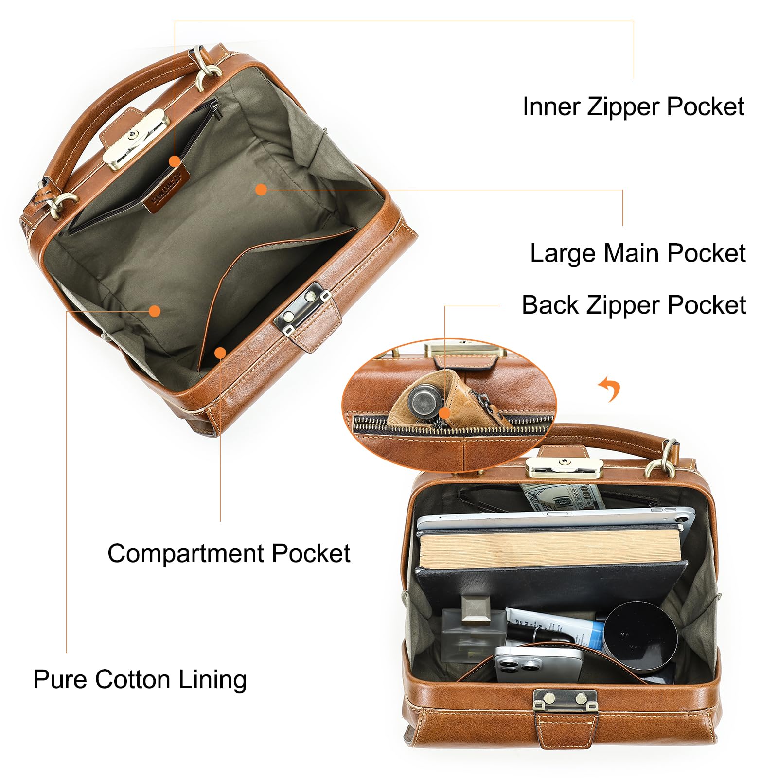 Bolso de cuero de grano completo para mujer, bolso antirrobo con asa superior