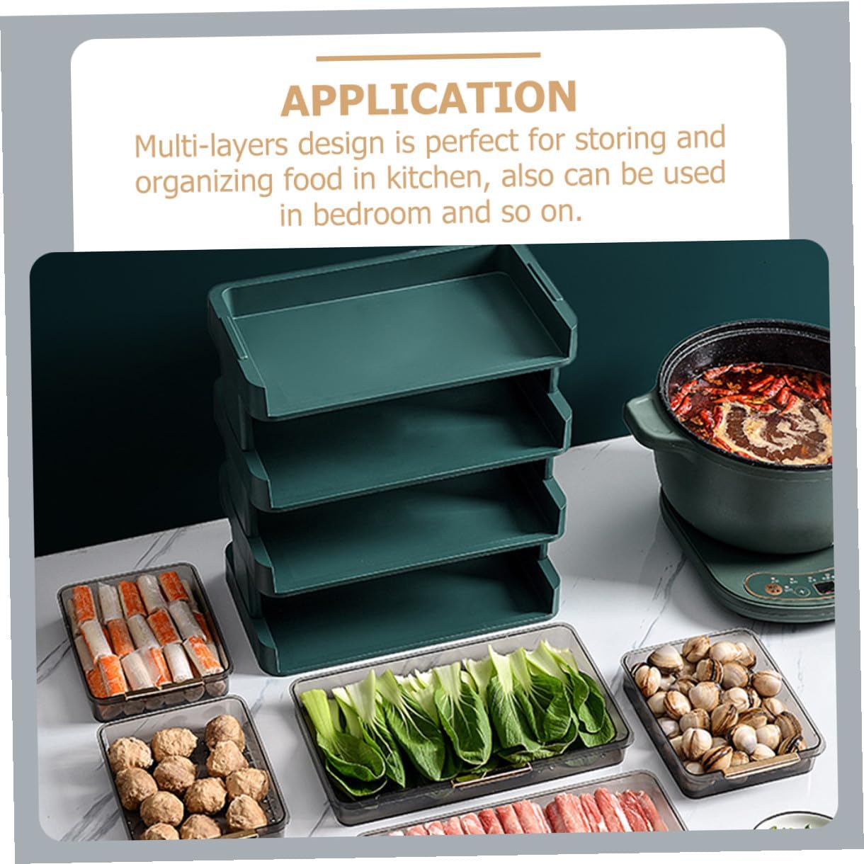 Three-Layers Kitchen Storage Shelf Stackable Vegetable Tray Holder Food Tray Holder Green Multi-Layer Rack for Hot Pot Side Dishes and Kitchen Organization