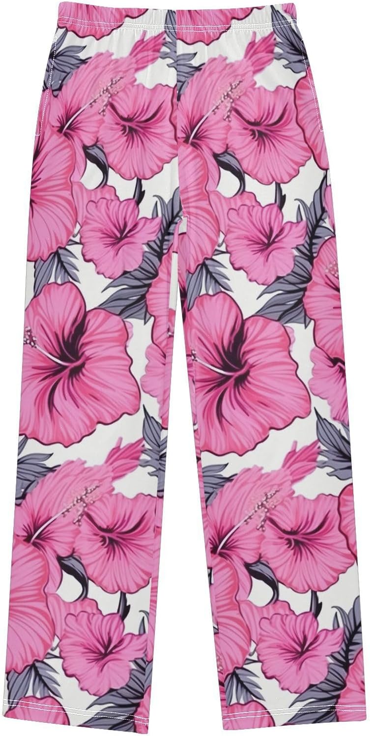 Pink Hibiscus Tropical Flowers Pajama Lounge Pants Long Pajama Bottoms with Pockets Elastic Waist for Christmas