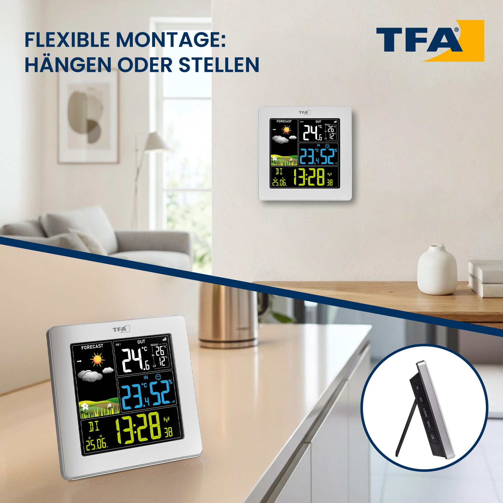 TFA Dostmann Digitale Funk Wetterstation SUN2, Außensensor, Farbdisplay, Hygrometer, weiß