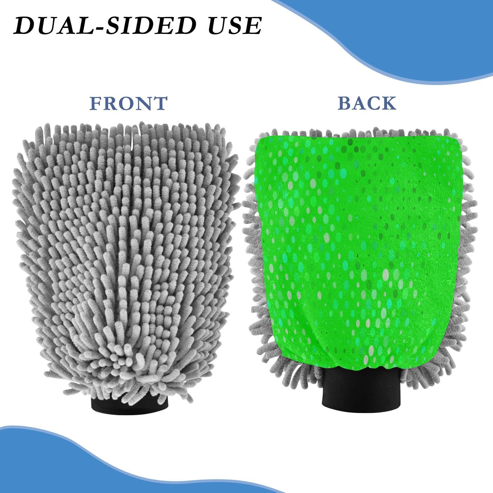 STAYTOP Green Wave Point Car Wash Mitt Microfiber, 2Pcs Scratch Free Lint-Free, Premium Chenille Microfiber Mitt Car Wash Brush-M