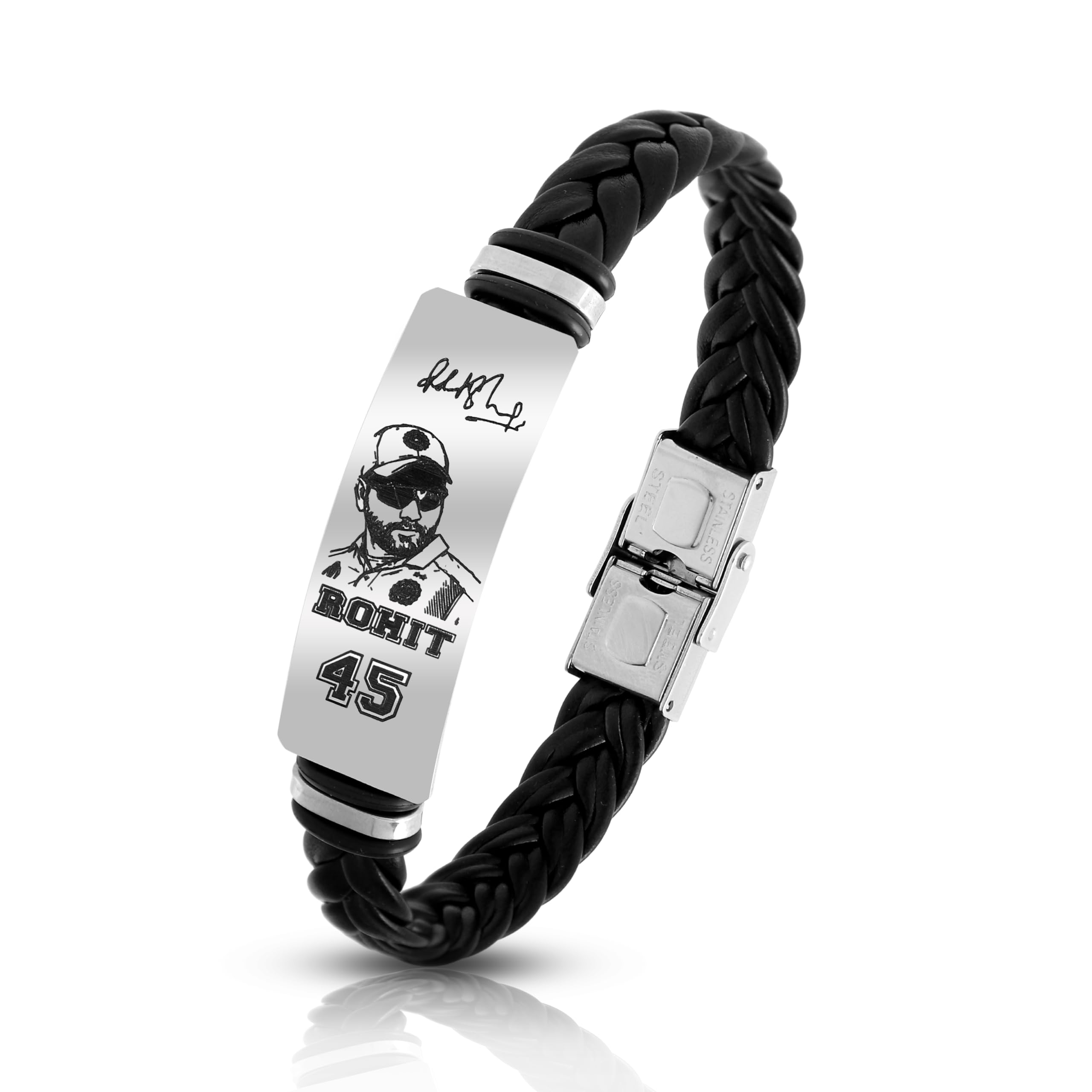 Rohit Sharma Engraved Signature Bracelet for Men | Custom Cricket Fan Bracelet | Stainless Steel & Braided Leather Wristband-image-6