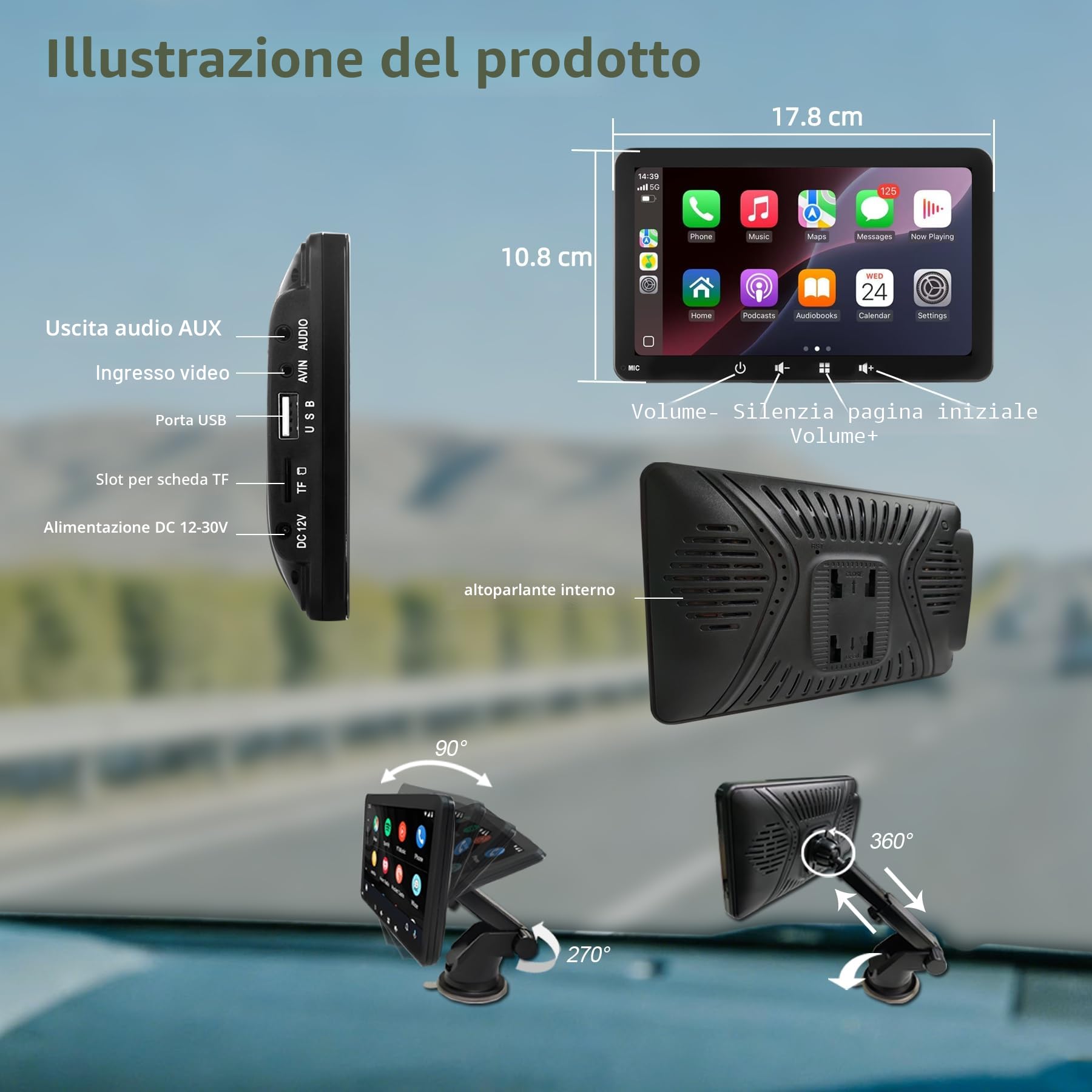 Schermo Auto 7" con Carplay Wireless e Android Auto - Display Portatile con Telecamera Posteriore | FM Trasmettitore, AUX, USB | Plug & Play per la maggior parte delle auto (7 pollici + fotocamera)