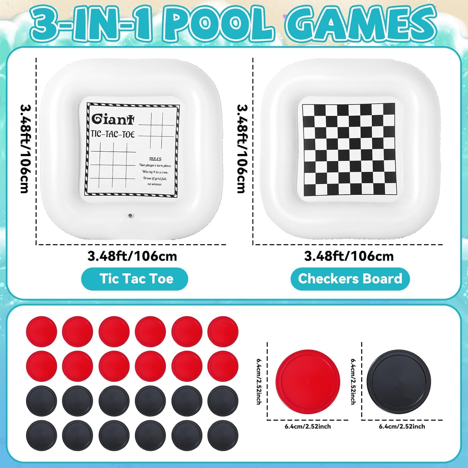 3-in-1 Pool Games Set Inflatable Giant Tic Tac Toe Checkers Board Game with 24 Chips 3.48Ft Double-Sided Foldable Float Water Toys Outdoor Play for Summer Swimming Pool Family Reunion Party
