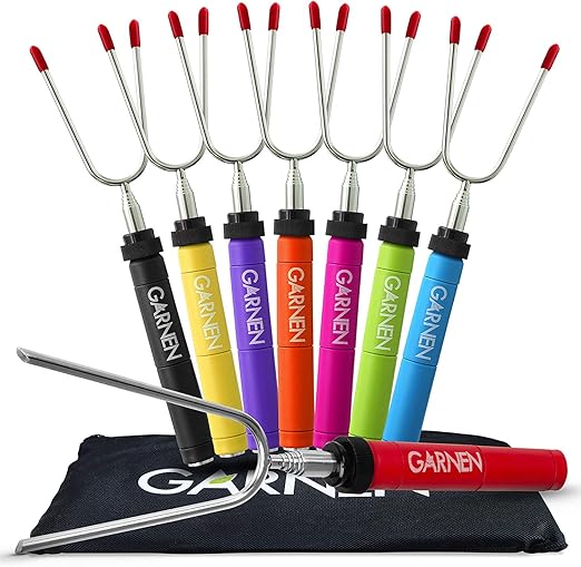 Fosmon Garnen BBQ Marshmallow Roasting Smores Sticks with Pouch (8 Packs), 34 inch Extendable Rotating Stainless Steel Skewer Fork with Plastic Handle for Kids Camping Grill Campfire Firepit