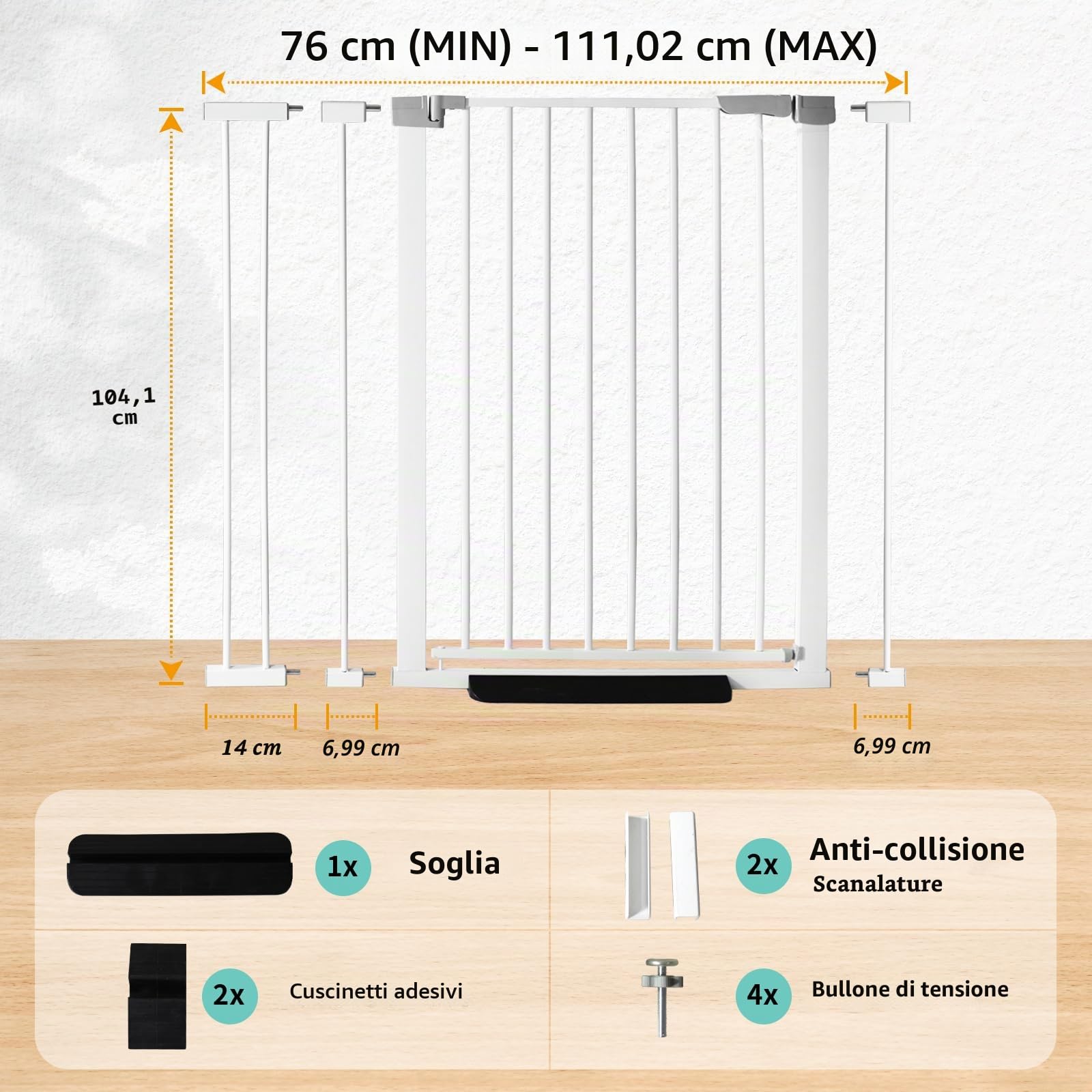 Cancelletto per cani, altezza 104 cm, chiusura automatica, regolabile, larghezza 76-111 cm, montaggio a pressione, per ingresso (bianco, 76-111 cm di larghezza)