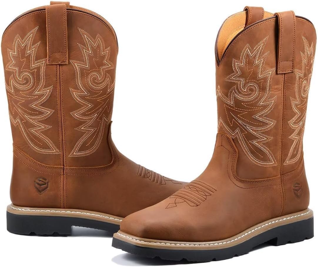 SUREWAY Mens Western Square Toe Cowboy Boots for Men,Soft/Steel Toe Full Grain Leather Slip On Pull On Work Boots for Construction Farming,Waterproof Soft Toe Brown,Size 7.5 - Image 7