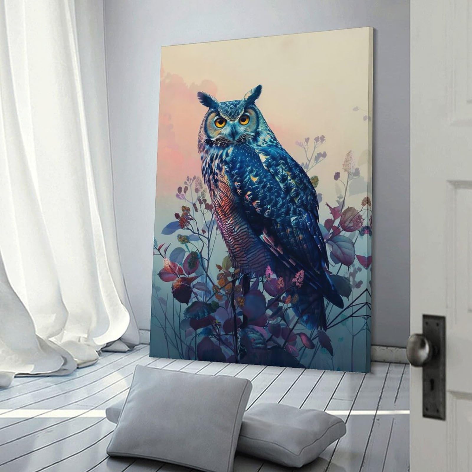 Junmoney Blue Owl in Floral Setting Canvas Art Print, 24x36inch(60x90cm), for Bedroom Decor, Cosy Corners Or Studios, A Warm Accent for Relaxed Interiors