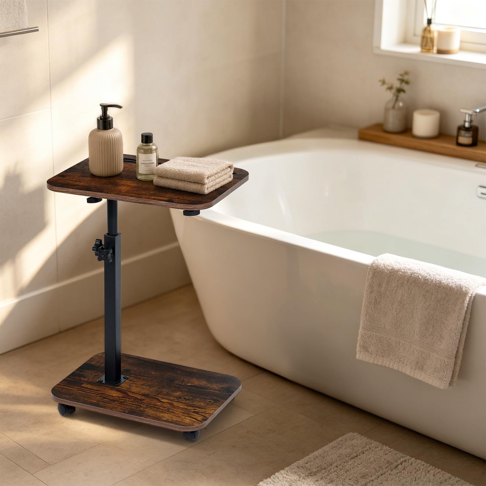 comfoyar Tavolino a Forma di C con Ruote Regolabile in Altezza(43-78cm), Girevole 360° Tavolino di Divano con Slot per Telefono e Tablet, Tavolino da Caffè Legno per Letto Soggiorno, Piccolo Spazio