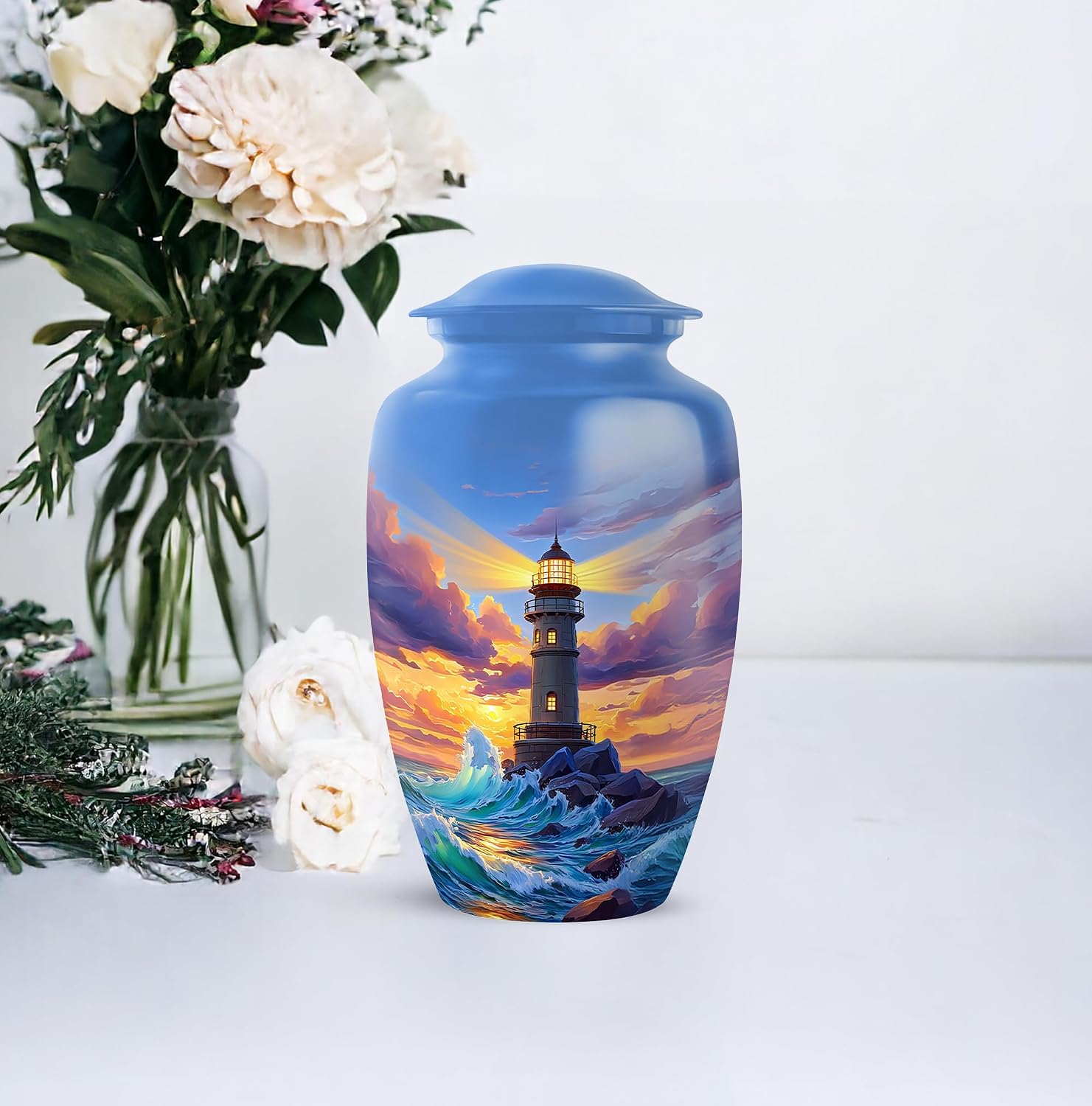 Lighthouse Set of 5 Funeral & Memorial Urns for Ashes Adult Husband & Wife - 10 Inch Large Decorative Blue Urn for Human Ashes Adult Man 4 Small Keepsakes - Ocean Wave Urn for Women
