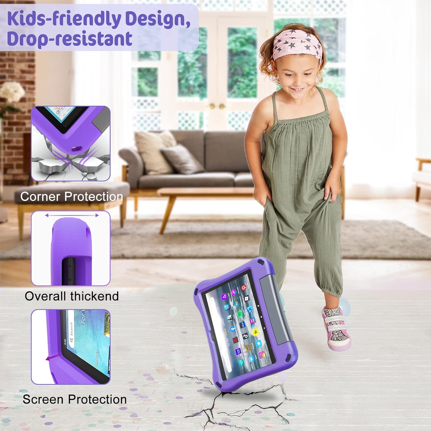 8 inch Tablet Case for Kids,Compatible 2024/2022 Tablet 8 Case,Not for iPad/Samsung/Onn/Andriod Tab - Auorld All-New Lightweit Shockproof EVA Case Cover with Handle Stand for 2022 8 inch Tablet-Purple