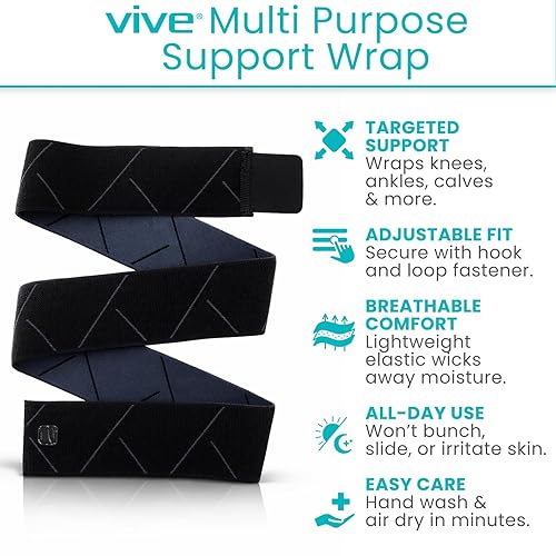 Miniatura 2 de Vive Elastic Knee Wrap - Ankle, Foot, Calf & Wrist Support for Pain Relief - Compression Bandage for Legs, Edema, Weightlifting, Sports, Plantar