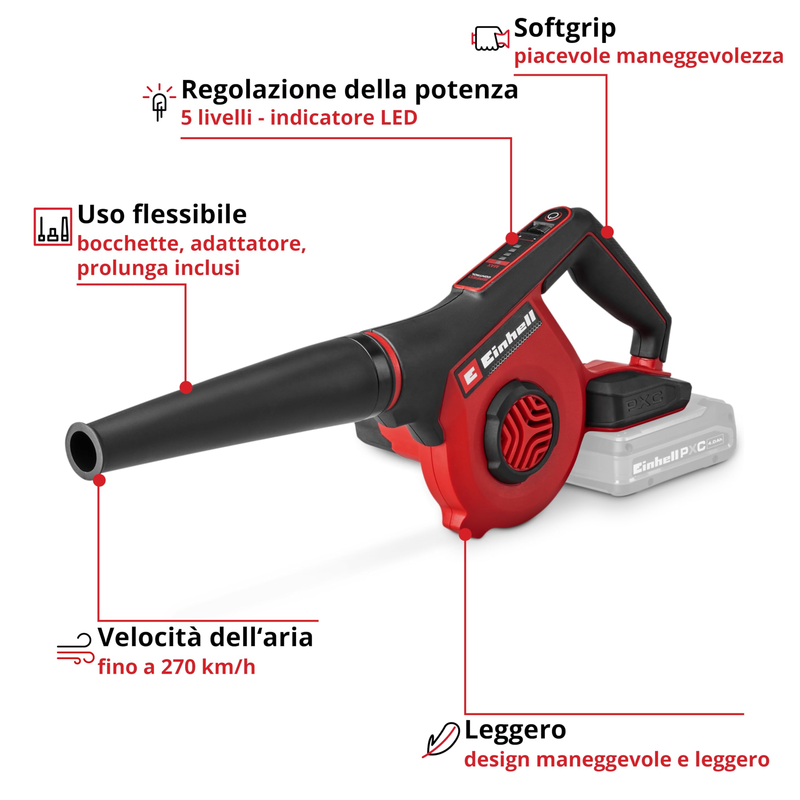 Soffiatore a batteria Einhell TE-CB 18/270 Li - Solo Power X-Change (18 V, max. 270 km/h velocità dell'aria, 5 livelli, incl. prolunga, bocchetta standard, piatto, foro, senza batteria)