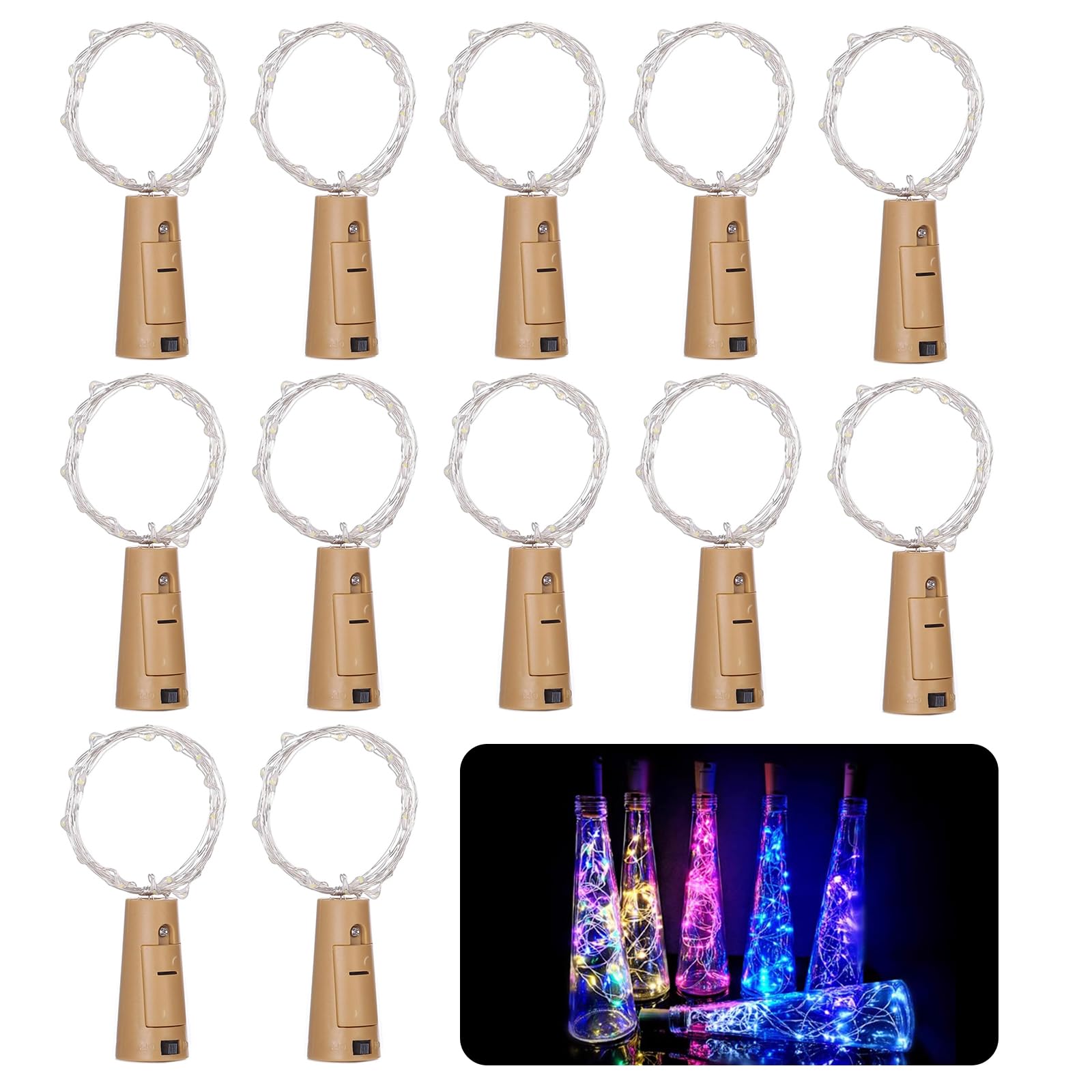 12 Pack Bottle Lights, Bottle Light with Cork 2M 20 LED String Fairy Lights Battery Operated Wine Bottles Light Copper Wire String Light for DIY, Party, Decor, Wedding Indoor Outdoor (Multicolor)