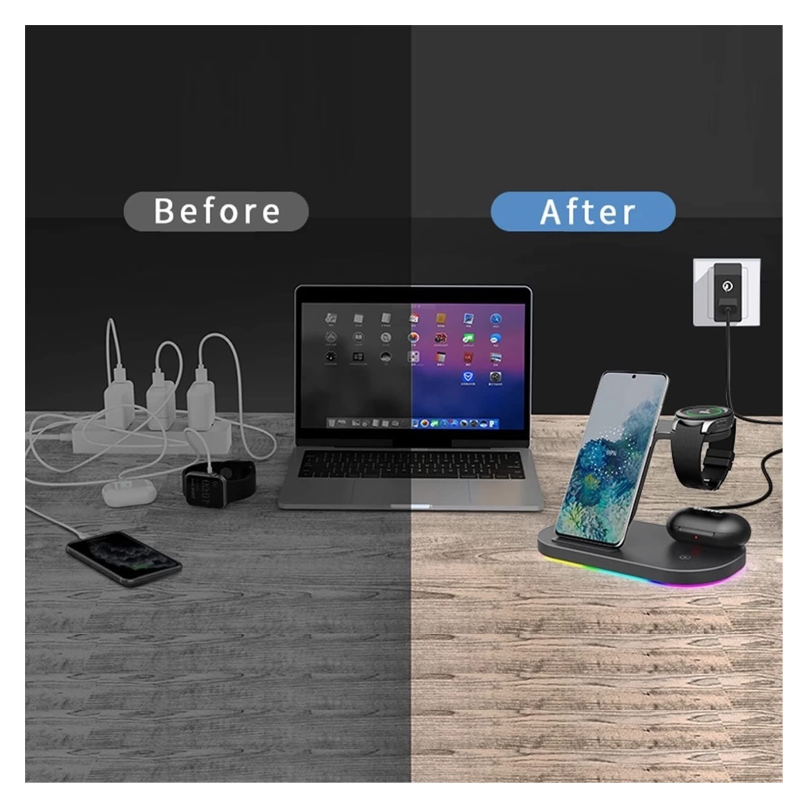 Caricabatterie wireless Supporto for caricabatterie wireless 30W 3 in 1 for auricolare for orologio dock station a ricarica rapida(Z7L with led light)
