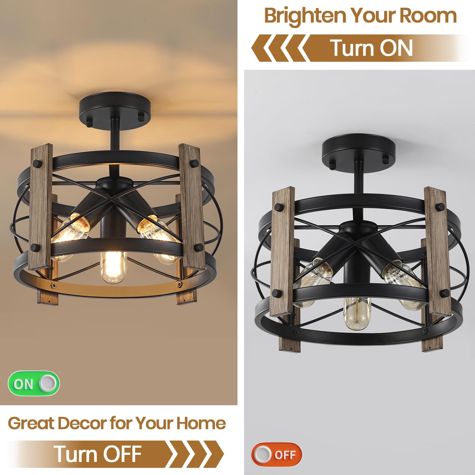 KEESFU Farmhouse Light Fixture 3-Light Kitchen Lighting Fixtures Ceiling Mount,Rustic Ceiling Light Black Metal,Farmhouse Ceiling Light for Dining Room Hallway Bedroom Entryway - Image 4