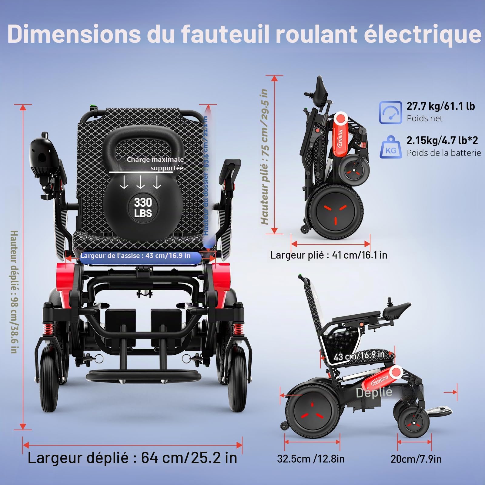 Fauteuil Roulant Electrique Pliable Automatique: 48KM Fauteuil Electrique pour Personnes Agées avec 2 x 12 Ah Batterie Double - 700W Electrique Fauteuil Roulant Jusqu'à 150KG