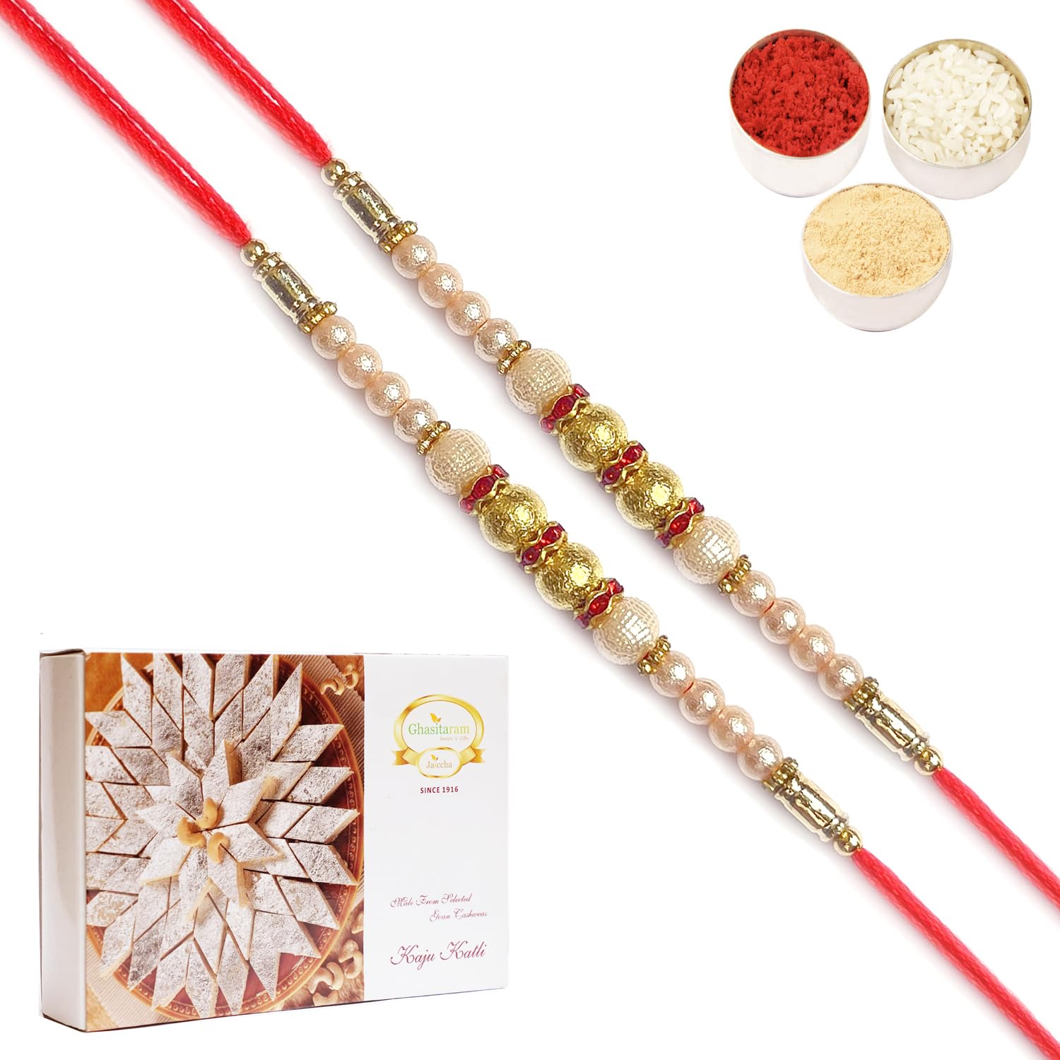 Ghasitaram Gifts Rakhi for Brother Rakhis Online - Set of 2 - Pearl Rakhi for My Brother with 200 GMS of Kaju katli (B08BVWF951) Amazon Price History, Amazon Price Tracker
