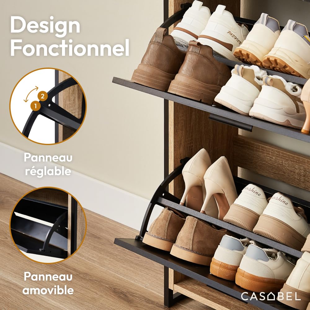 CASABEL Meuble à Chaussures Industriel 12 Paires, Noir et Cadre Bois
