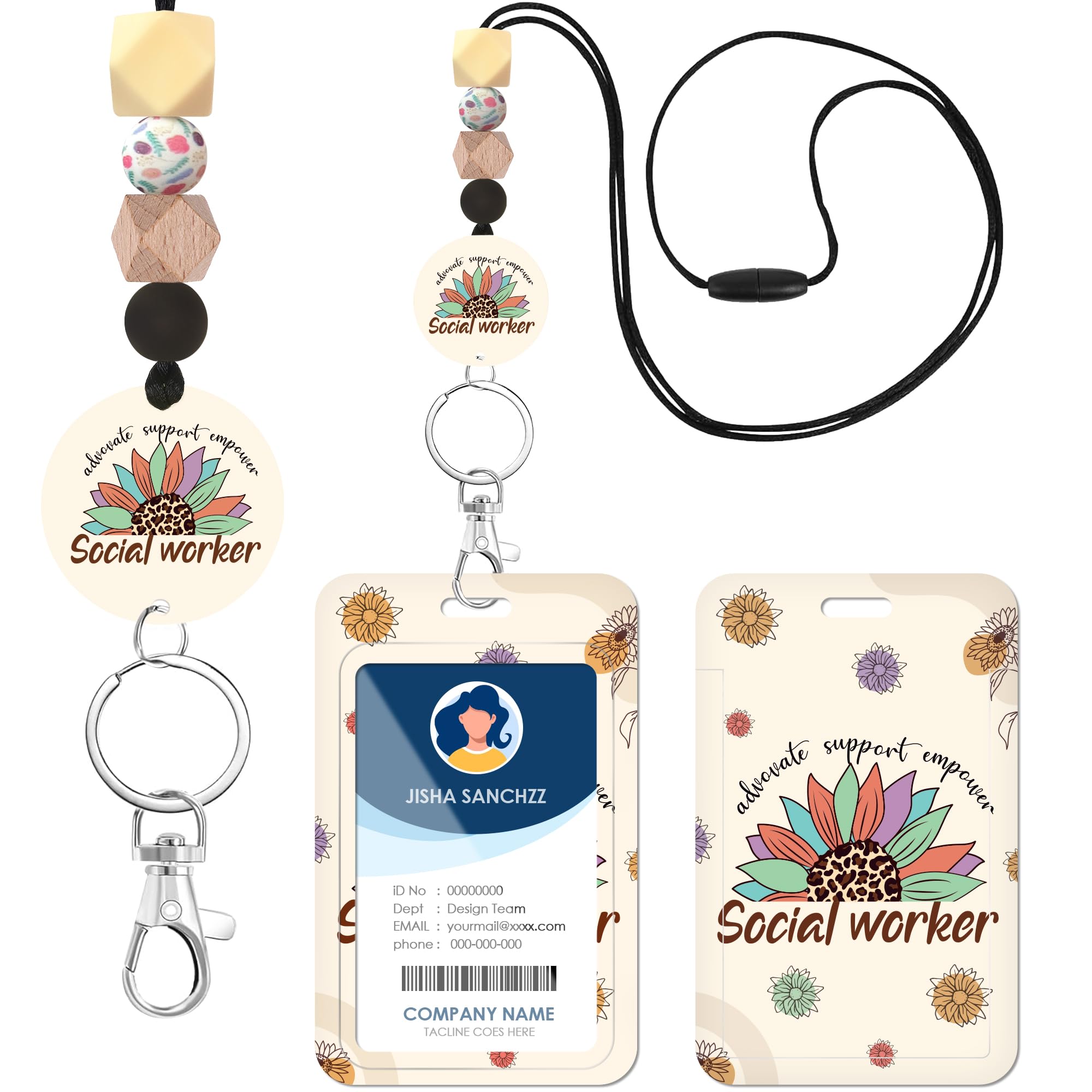 AFRITEE Soporte para tarjetas con cordón, soporte para tarjetas de identificación de trabajador social con cordón de cuentas, carrete de trabajo inspirador de girasol, tarjeta de identificación