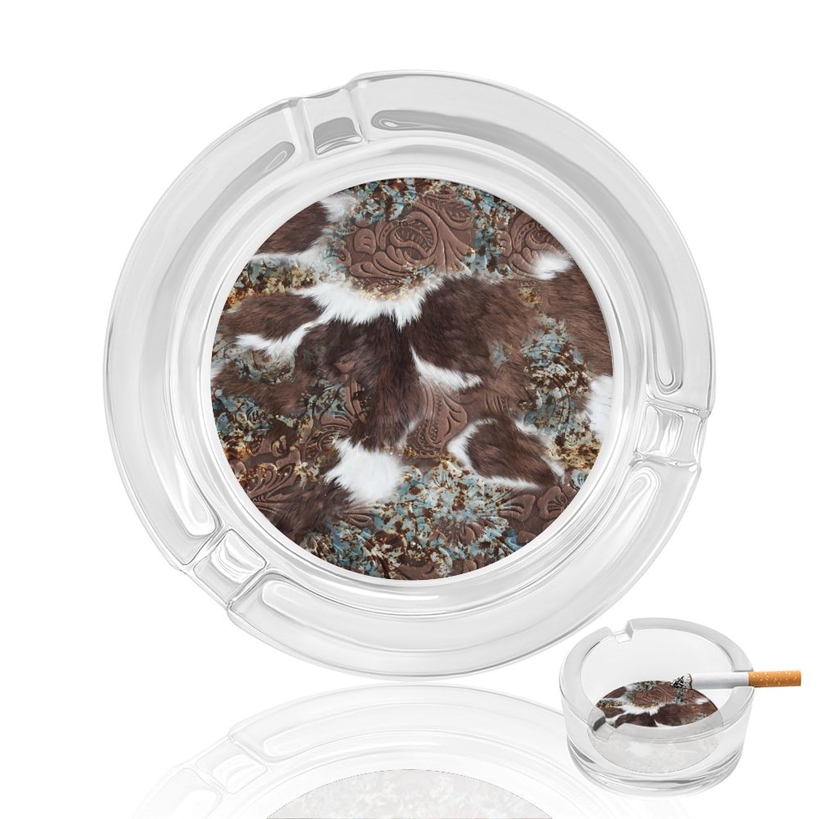 Rustic Western Brown Leather Cowhide Glass Ashtray 3.3 Inch Round Cigarette Ash Holder with 4 Grooves for Home Office Outdoor One Size