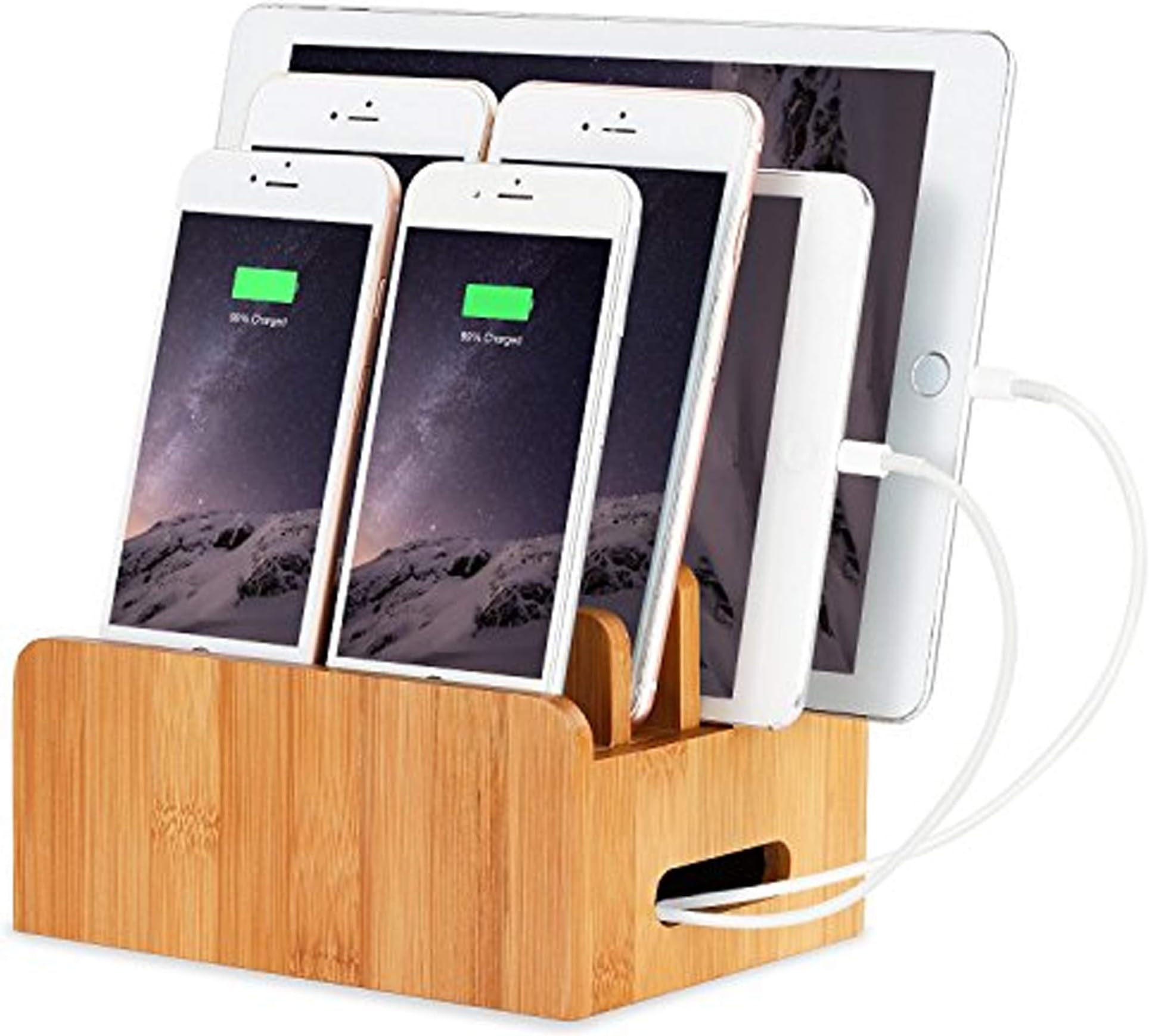 Bamboo Wood Desktop Multi-device Cords Organizer Stand and Charging Station Charger Dock Cradle Holder for iPhone 14 13 12 11 Pro Max XS iPad Mini 4 5 Samsung OnePlus LG Smartphones and Tablet