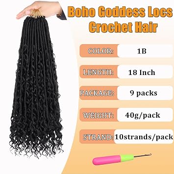 ZRQ 18 Inch Boho Goddess Faux Locs Crochet Hair 9 Packs #1B