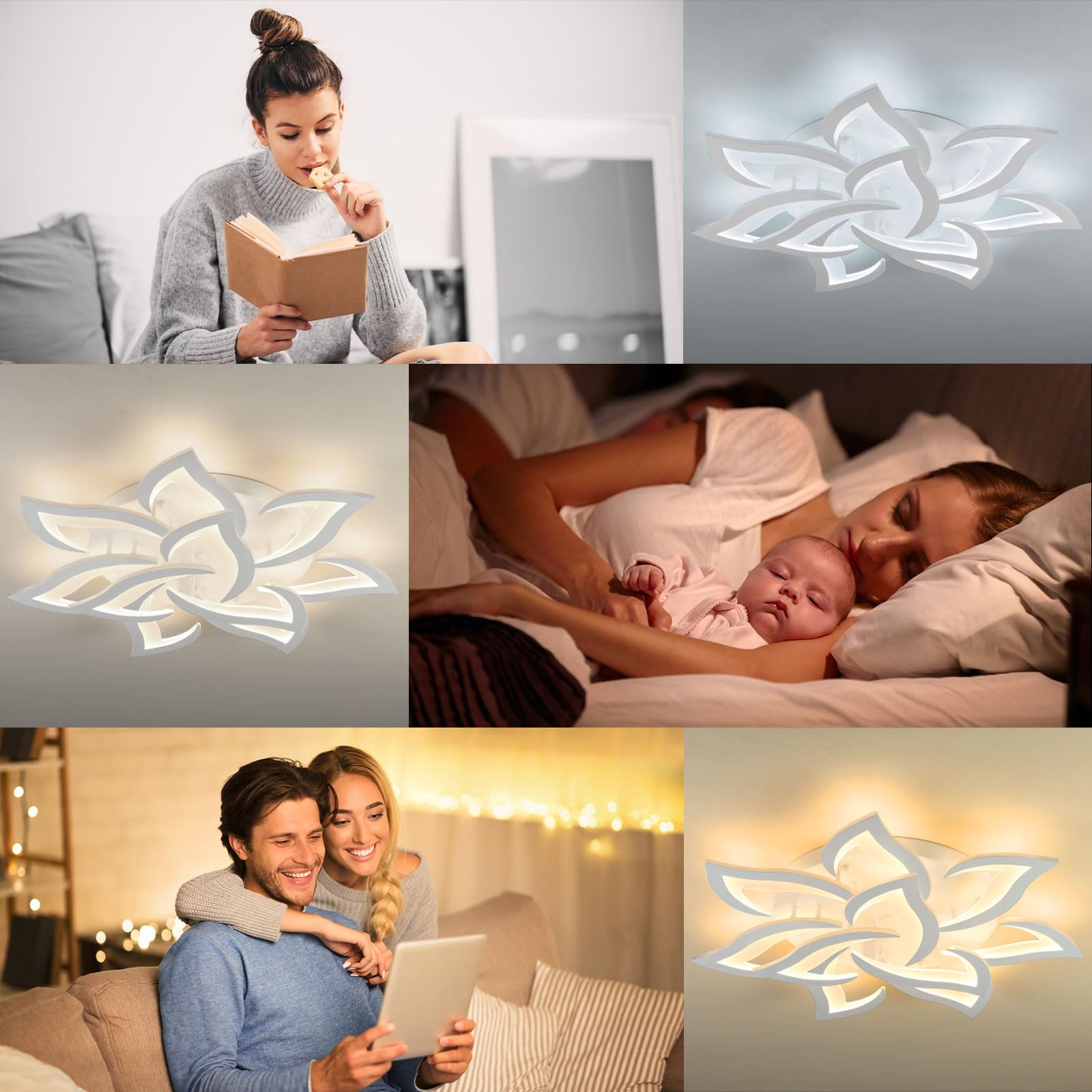 Sky angle Plafoniera LED Dimmerabile, Lampada da Soggiorno Con Telecomando, Moderna Lampadario, Lampada da Soffitto Per Camera da Letto Illuminazione da Soffitto, Plafoniera a Fiore 10 Teste/Ø85cm/90W