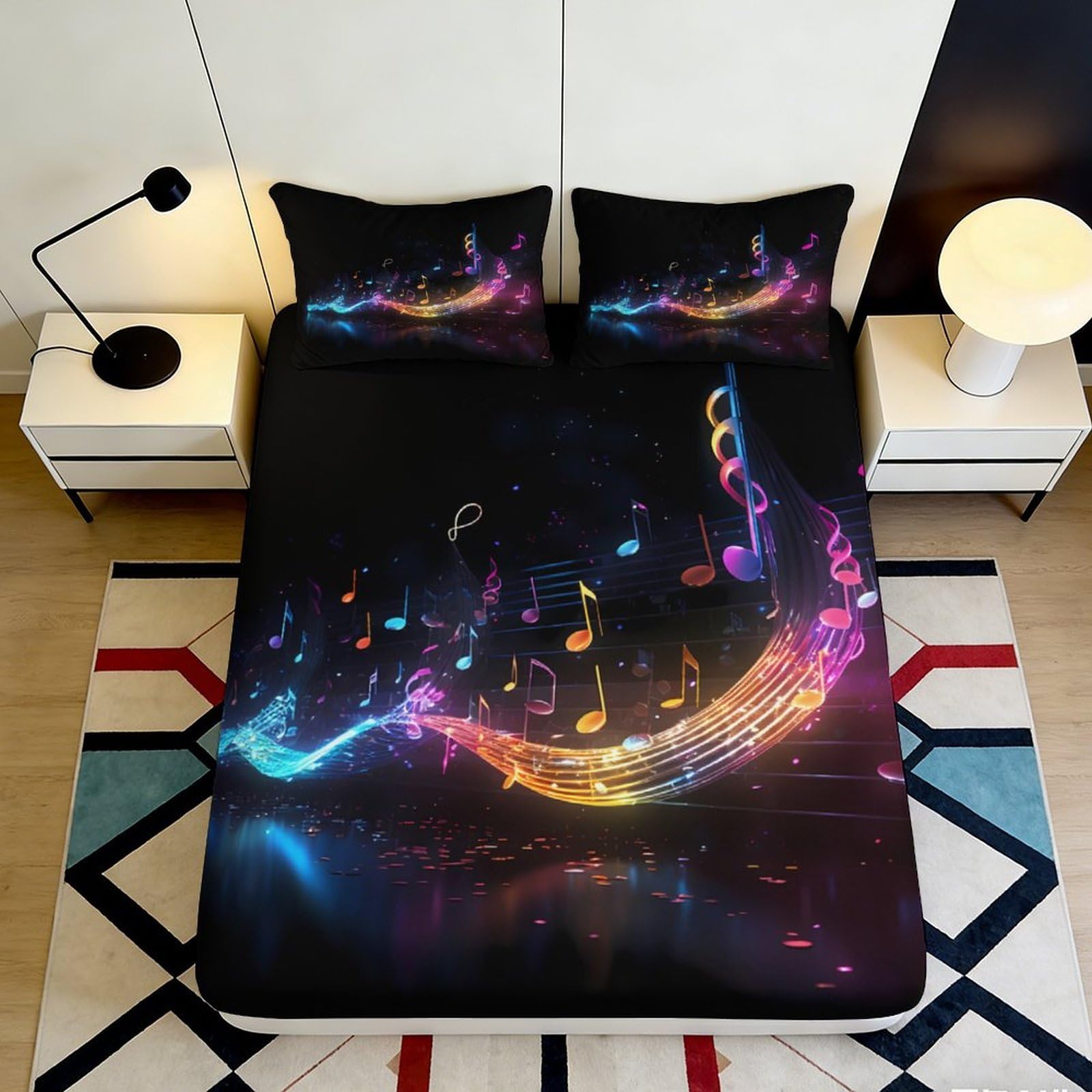 3D Printed Musical Fitted Sheet Microfiber Non-Slip Deep Pocket Notes Mattress Fitted Cover for Bedroom Bedding 140x200x25cm