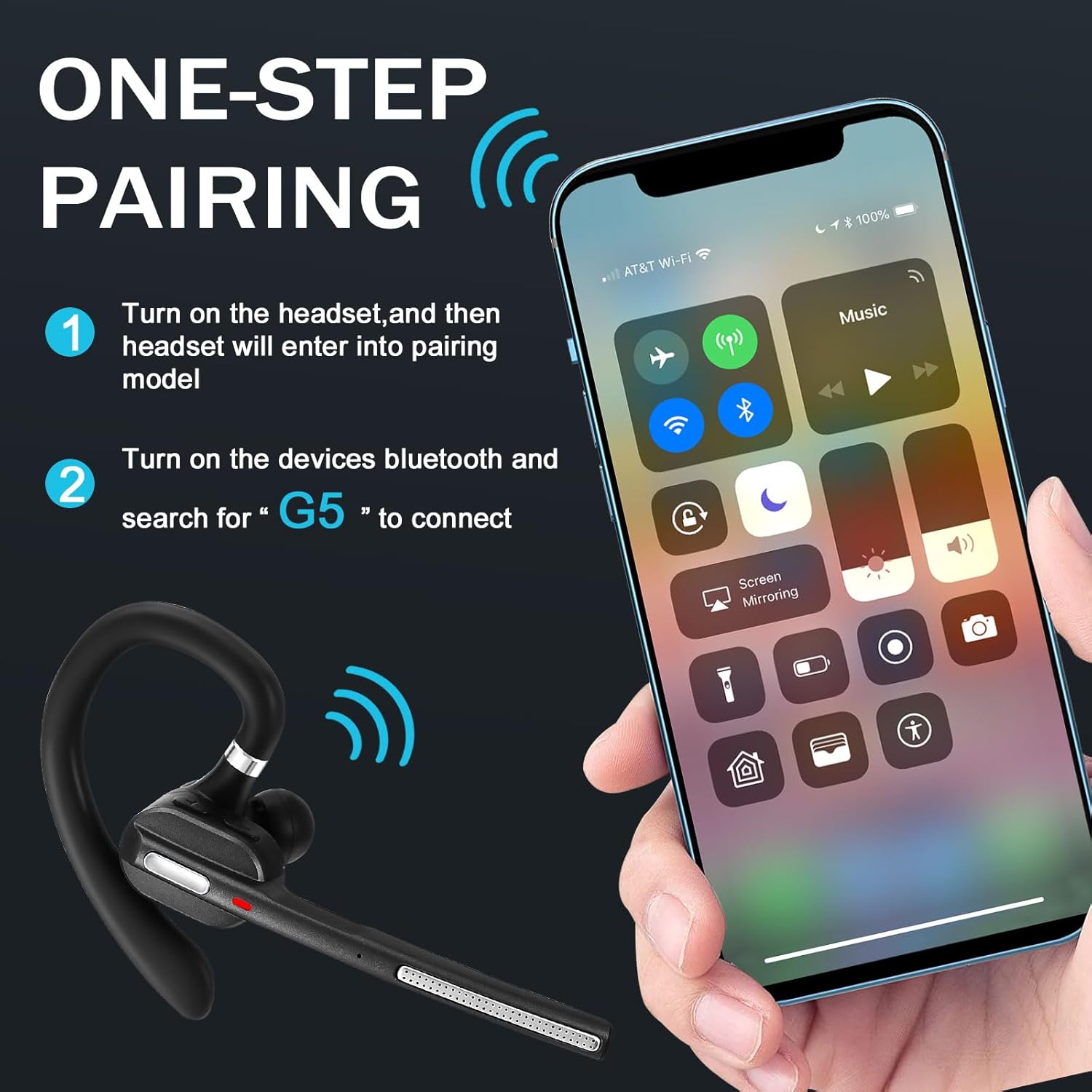 Wireless Headset,Bluetooth Headset with 500mAh Charging Case, Single Ear Bluetooth Cell Phone Headsets with Noise Canceling Mic for Office Business Driving