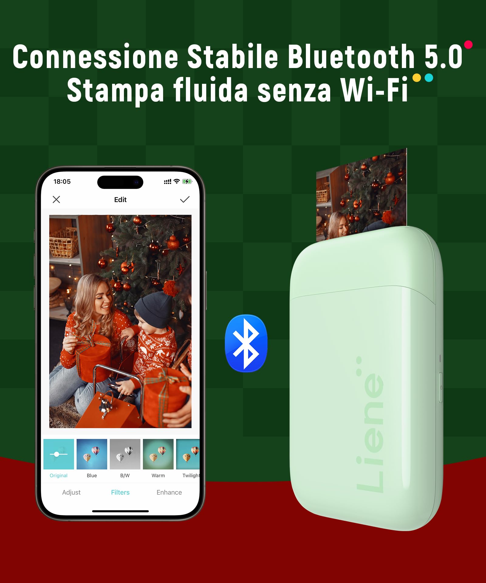 Liene Pearl K100 Stampante Portatile, 2x3 Stampante Fotografica Istantanea con 50 Fogli di Zink Carta Fotografica Adesiva, Connessione Bluetooth, APP Dedicata, Mini Stampante per iOS & Android, Verde