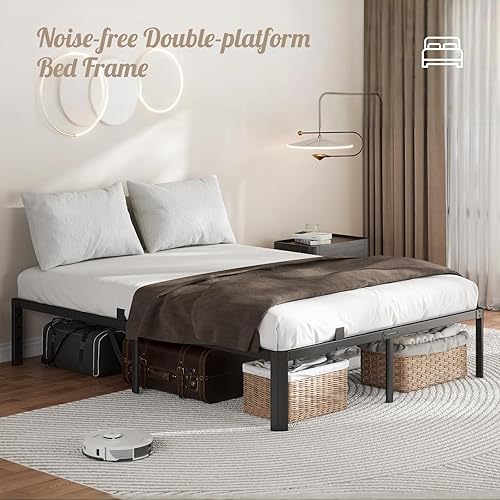 Miniatura 6 de Marco de cama de metal tamaño completo, 14 pulgadas, 3500 libras, marcos de cama de plataforma de servicio pesado, listones de acero sin ruido, no