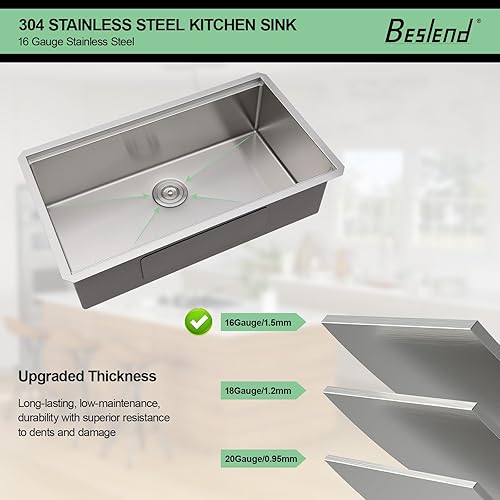 Miniatura 7 de Beslend - Fregadero de cocina con estación de trabajo de 32 pulgadas - Fregadero de cocina de acero inoxidable de calibre 16 de 10 pulgadas de