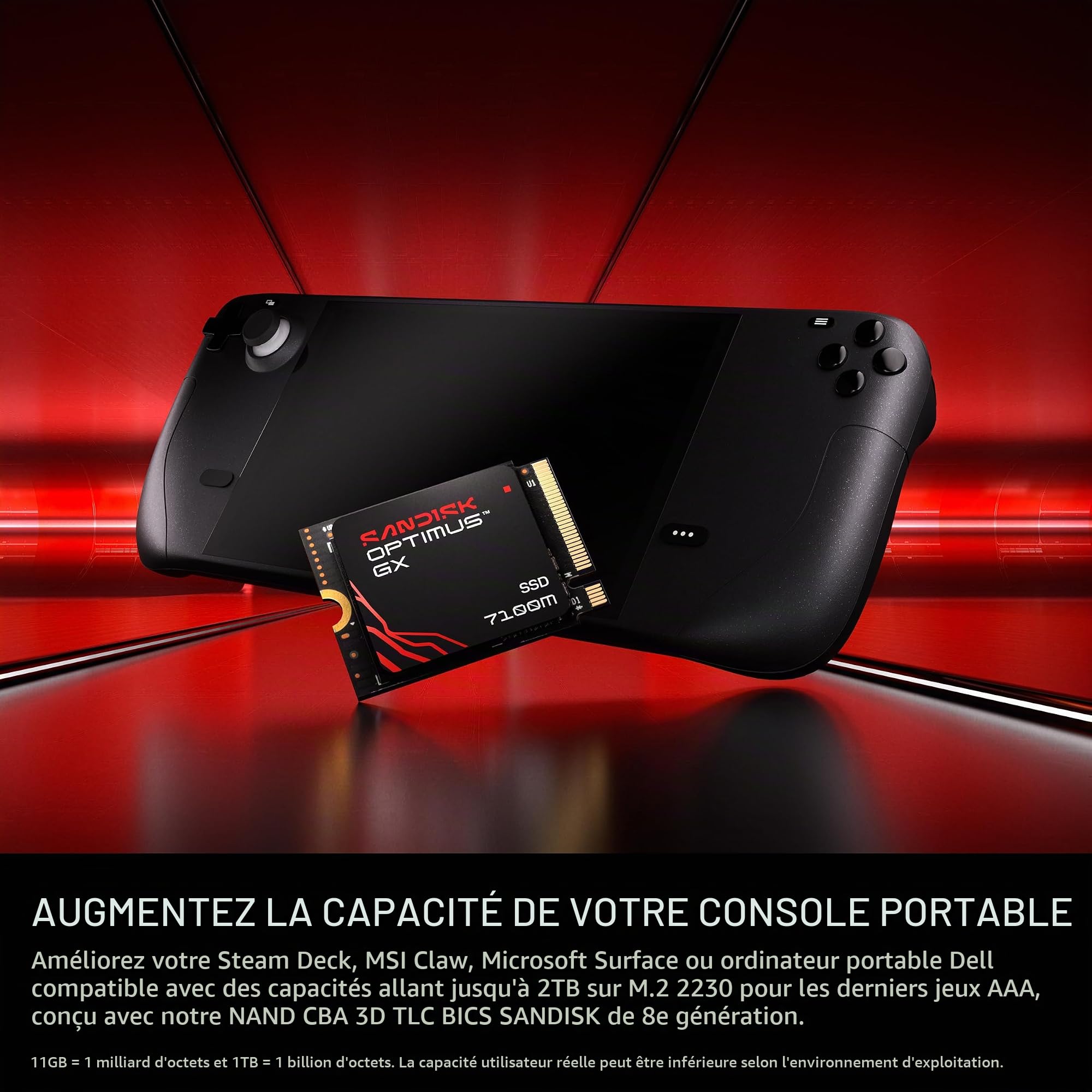 SANDISK Optimus GX 7100M NVMe SSD 2 to (Jusqu’à 7 250/6 900 Mo/s Vitesses de Lecture/écriture séquentielles, M.2 2230, PCIe 4.0, Portable Compatible Steam Deck, MSI Claw, Microsoft Surface ou Dell)