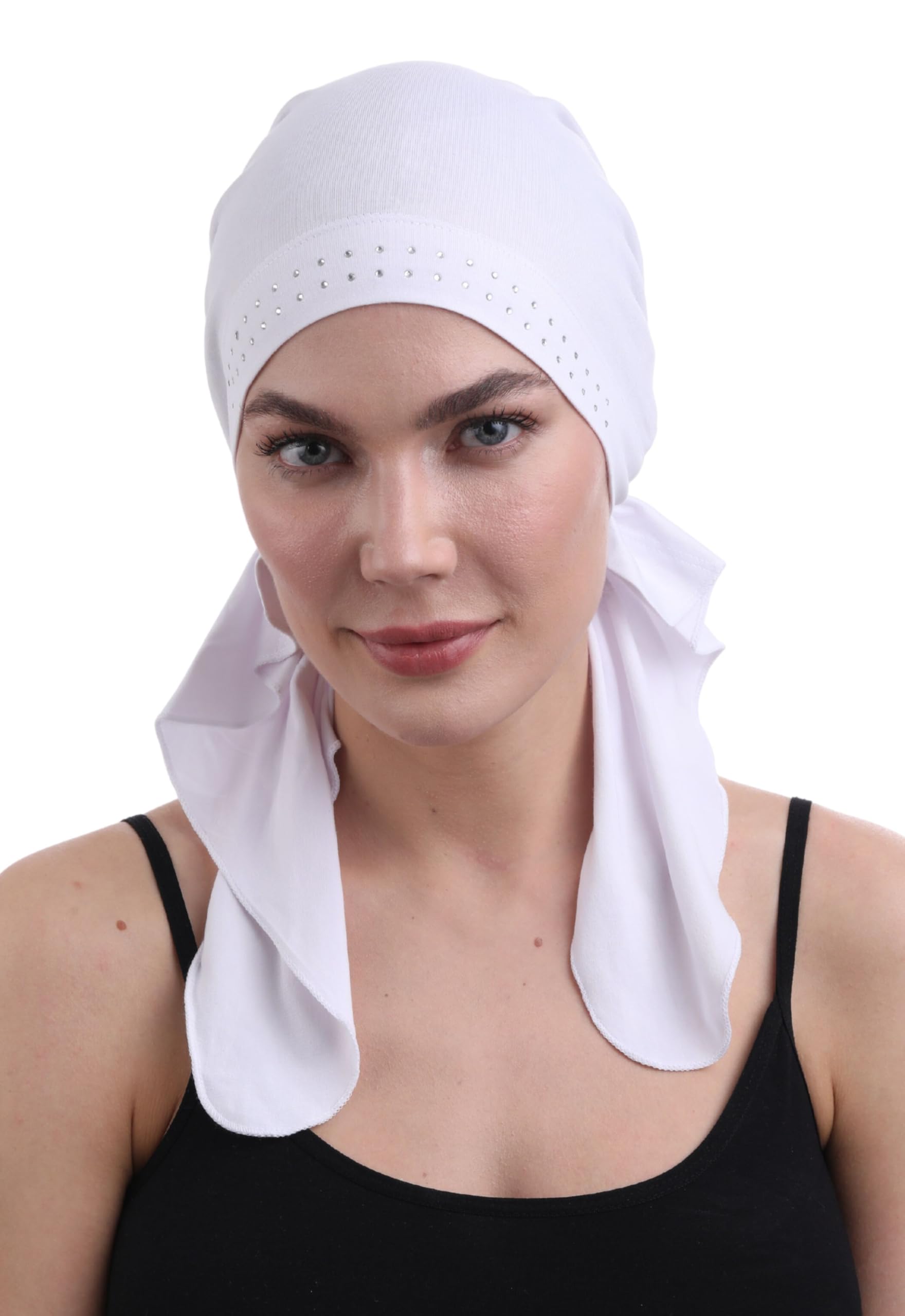 Deresina vorgebundenes Chemo-Bandana für Frauen – Weicher Bambusturban & Kopftuch bei Haarausfall & Alopezie – Atmungsaktive Kopfbedeckung (Juwelenbesetztes Weiß - Einheitsgröße)