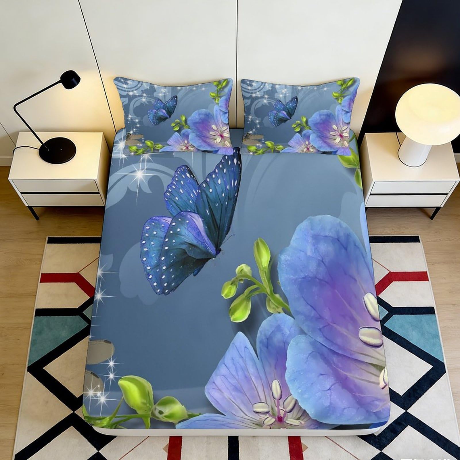3D Printed Blue Butterfly Fitted Sheet Microfiber Soft Orchid Bed Cover for Bedroom Guest Room Artistic Decor 90x200x25cm