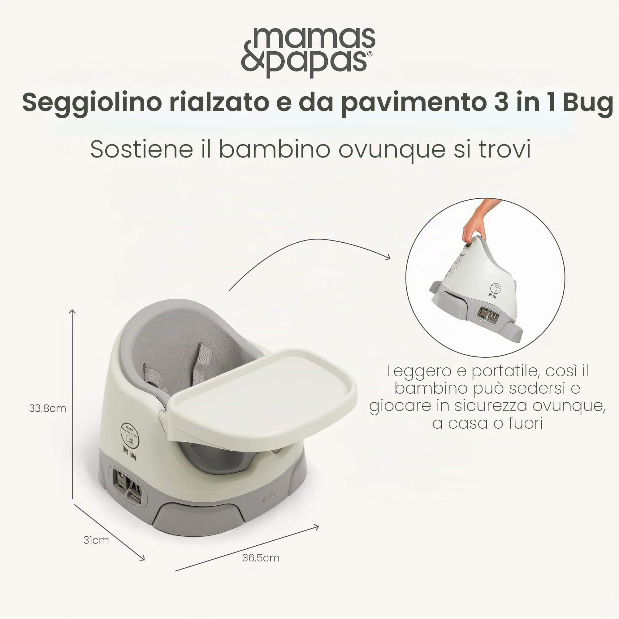 Mamas & Papas Baby Bug seggiolino pappa, vassoio staccabile, imbracatura, seduta regolabile e piedini antiscivolo, Pebble Grey