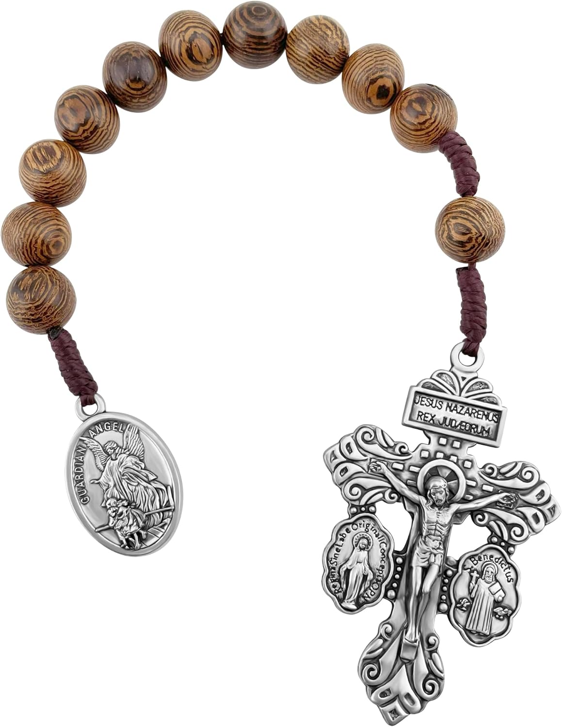 Generic Catholic Prayer Pocket Rosary Pardon Crucifix Saint Michael the Archangel Medal Wooden Beads Corded Rosary Virgin Mary Medal St Benedict Medal Tenner One Decade Rosary, Brown