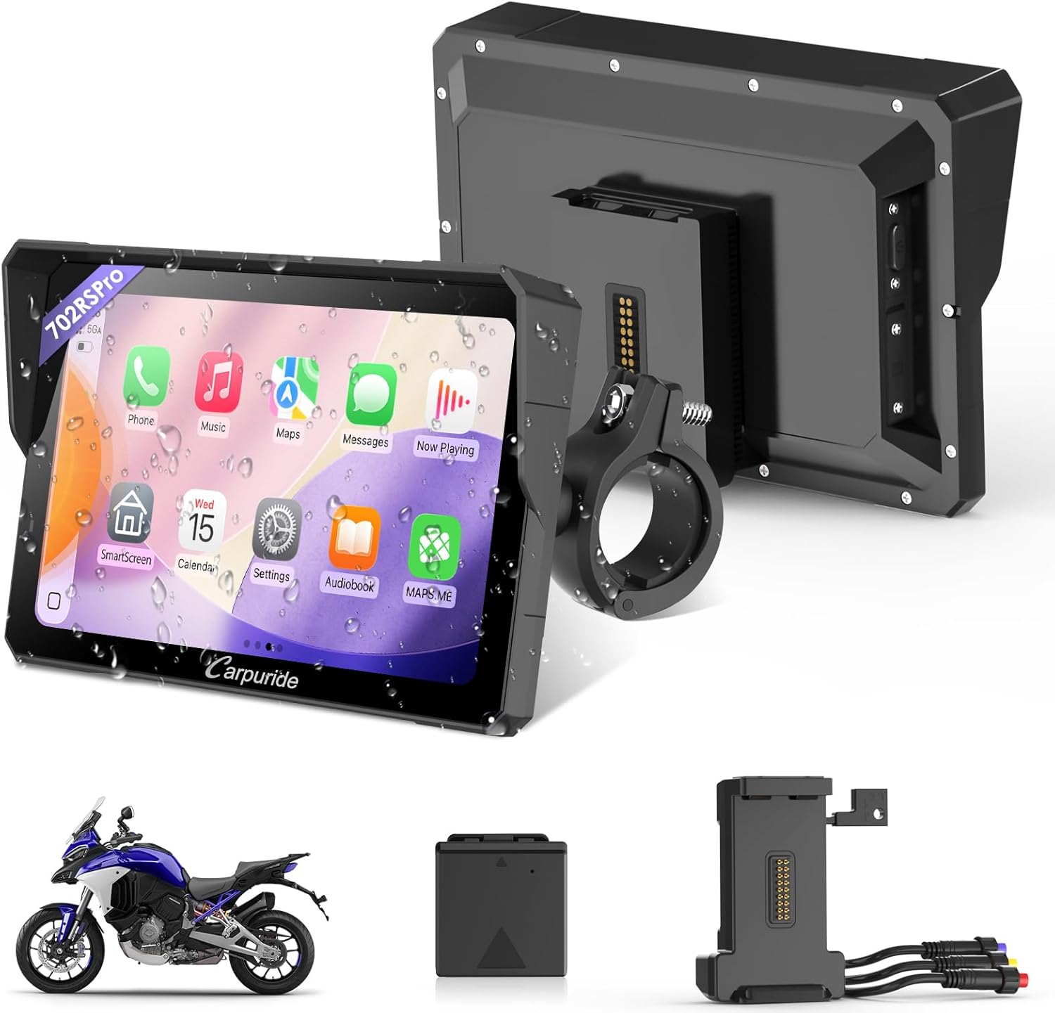 Carpuride W702RS PRO Motorcycle GPS Wireless Carplay/Android Auto/Radar BSD, 7" Waterproof Motorbike Touch Screen, with BM05 Mount, Bluetooth Trans, Intercom,Wired Controller, Navigation